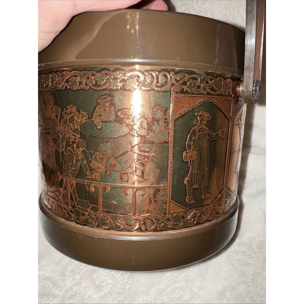 Vtg ATAPCO COPPER Brown ICE BUCKET With Lid German Scene 8” *flaw On Lid